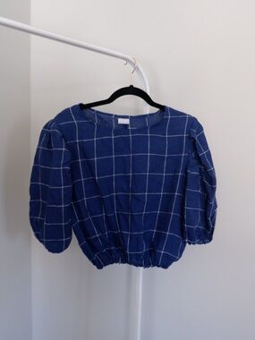 Millie & Lou Blue Windowpane Plaid Puff Sleeve Linen Crop Top - S/M